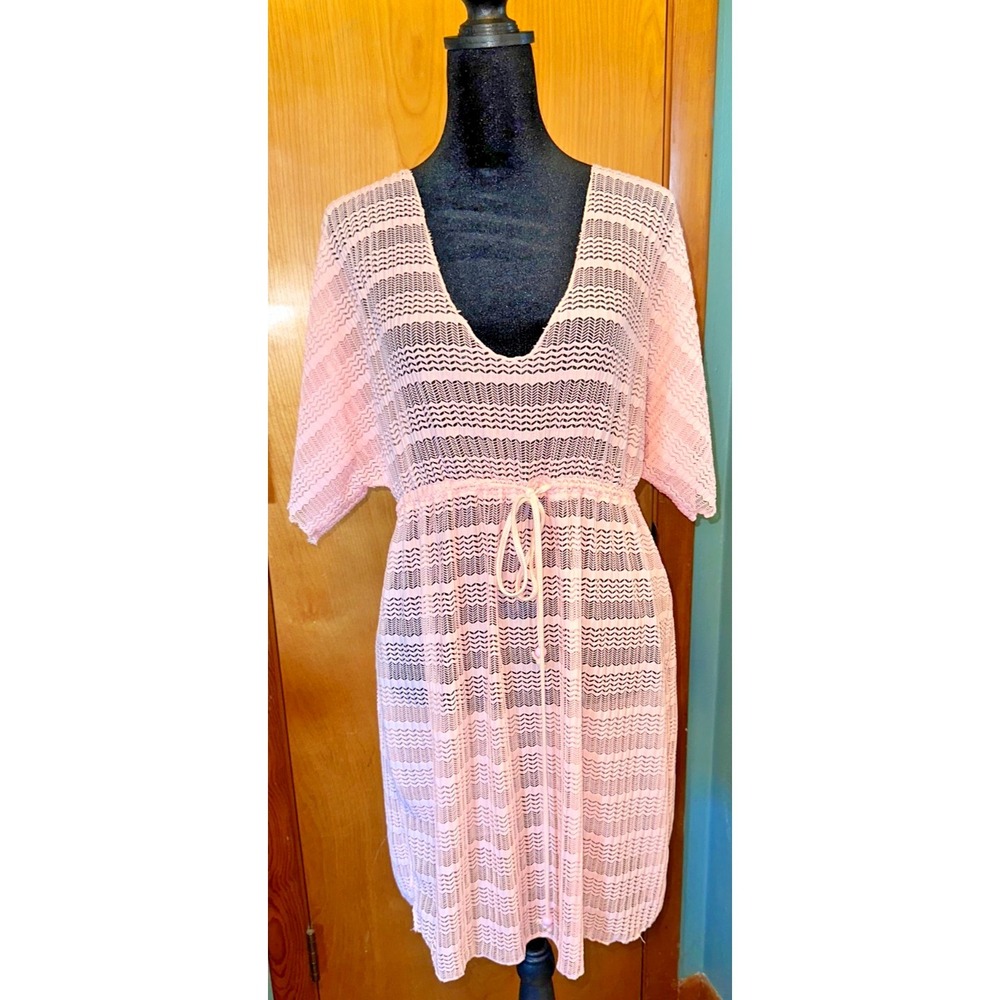 Womens Pink Chevron Pointelle Crochet‎ V Neck Swimsuit Cover Up Dress Medium